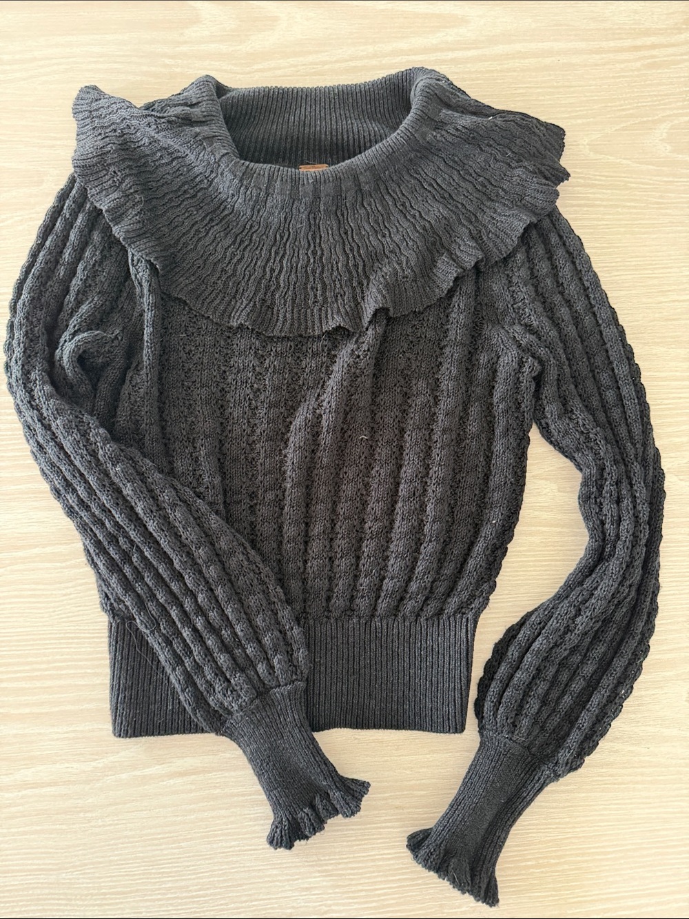 Free People Charcoal Ruffled Cowl Cable Knit Sweater